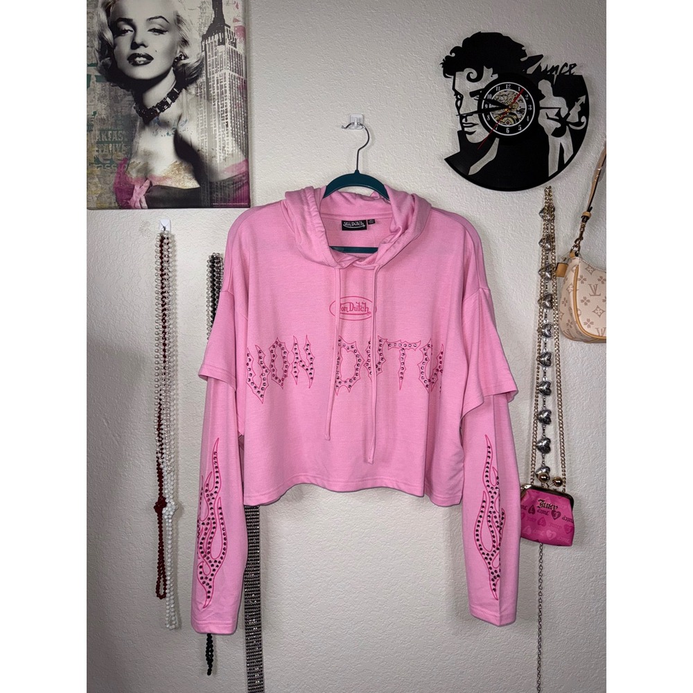 Von Dutch Pink Rhinestone Cropped Hoodie Double Sleeve Y2K XL